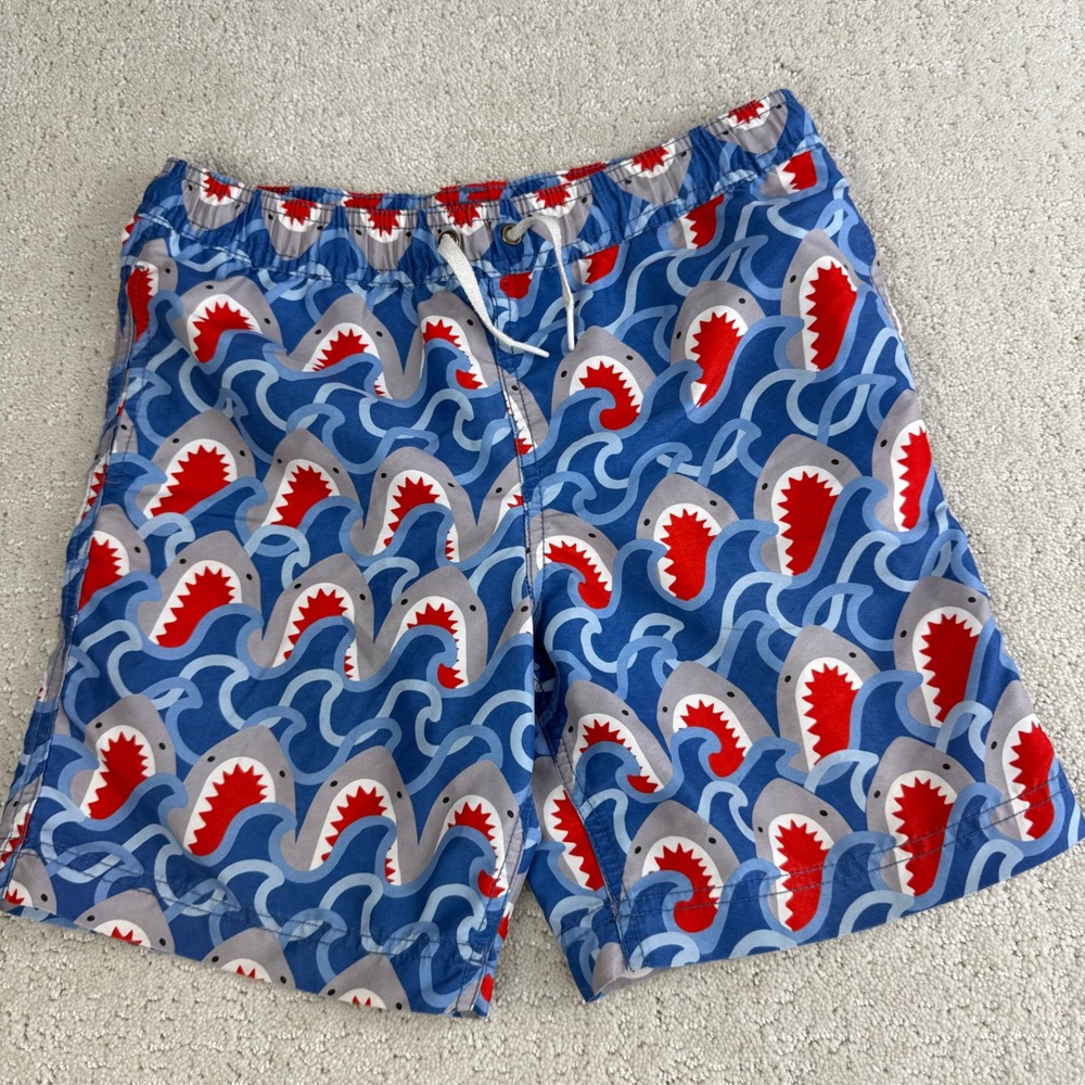 Hanna Andersson Swim Trunks Kids Size 8 Blue Shark Print Mesh Lined Board Shorts